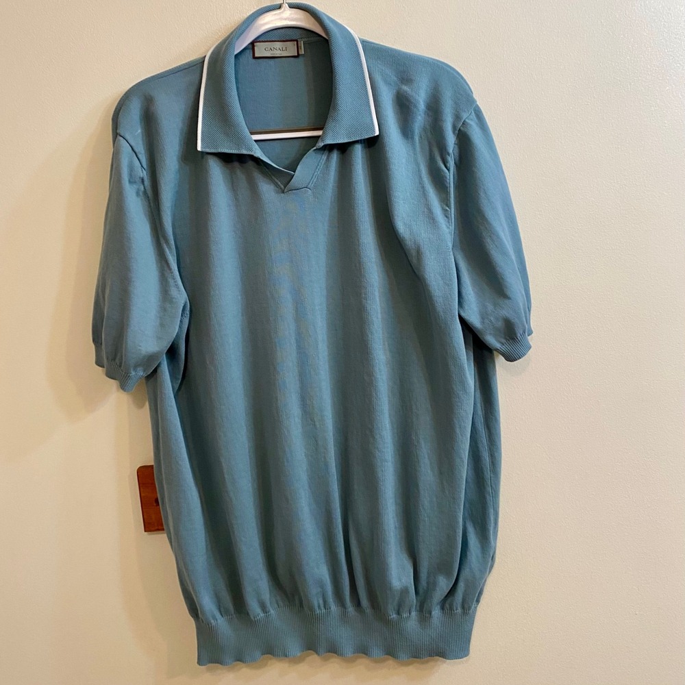 Canali Italy Blue Cotton Knit Polo Shirt Mens 60 US 2XL